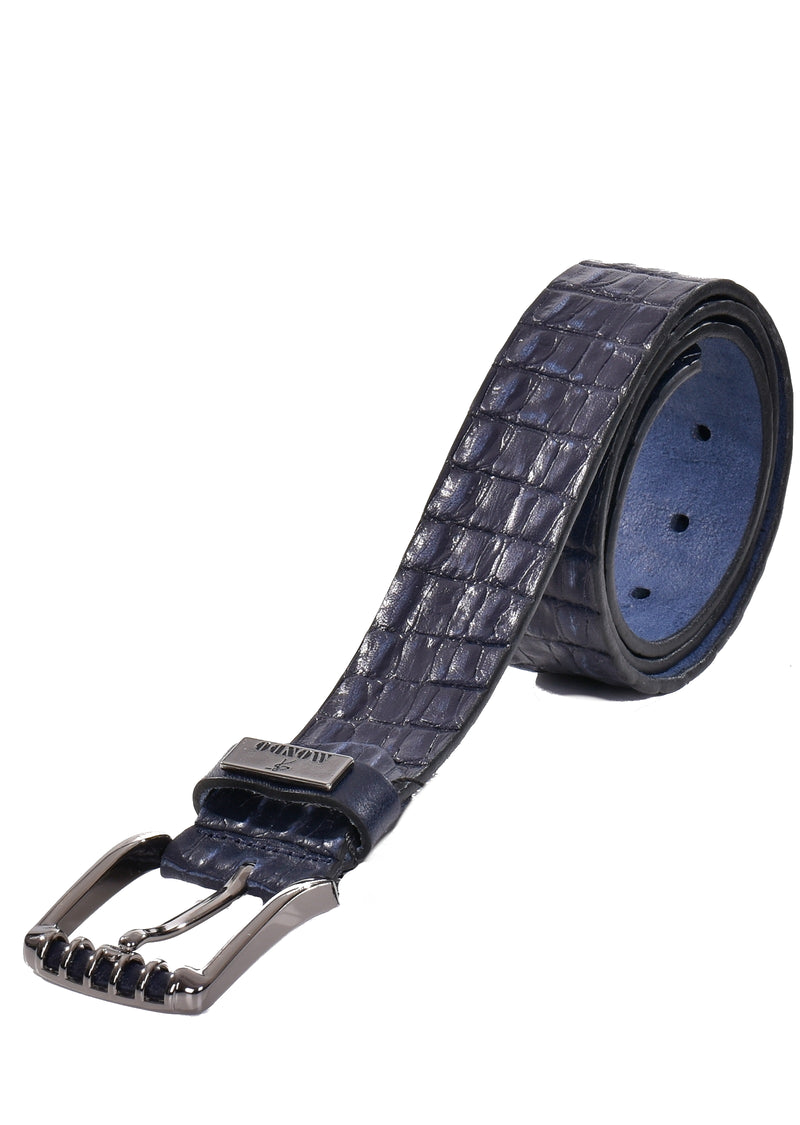 Navy Croc Embossed Leather Belt