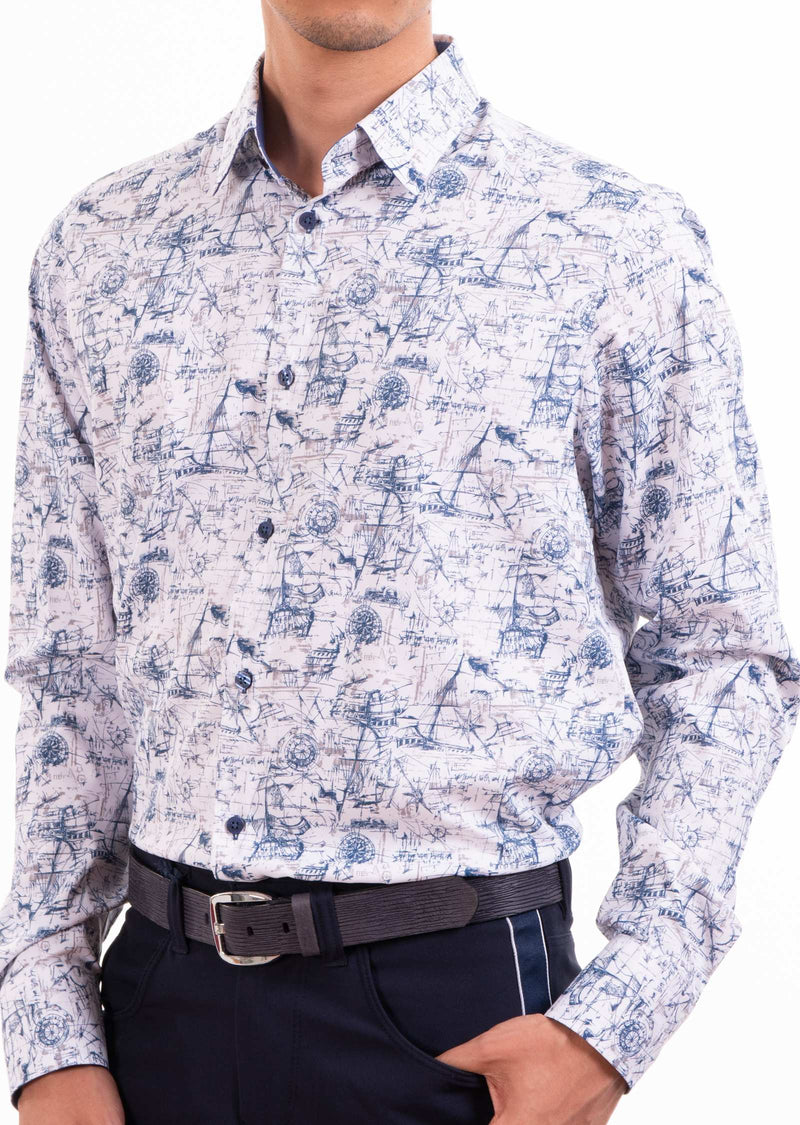 White Blue Nautical Print Shirt