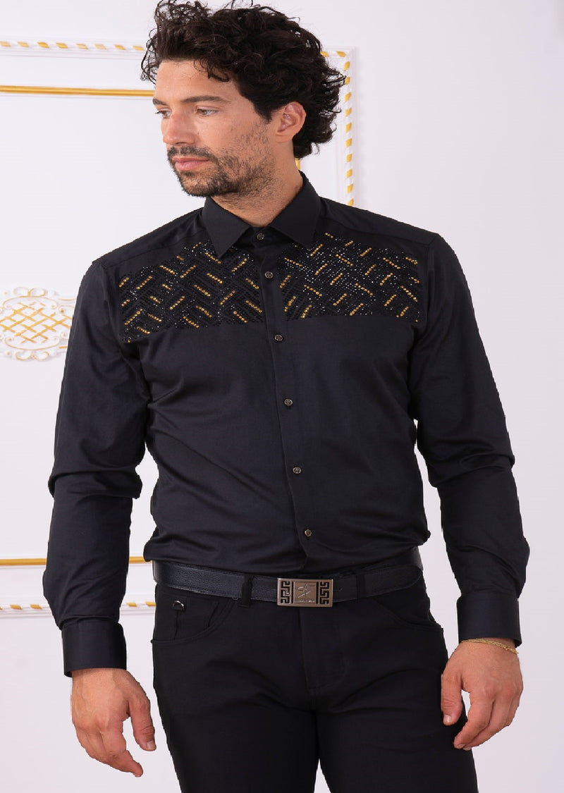 Black Gold "Upper Panel" Rhinestone Shirt