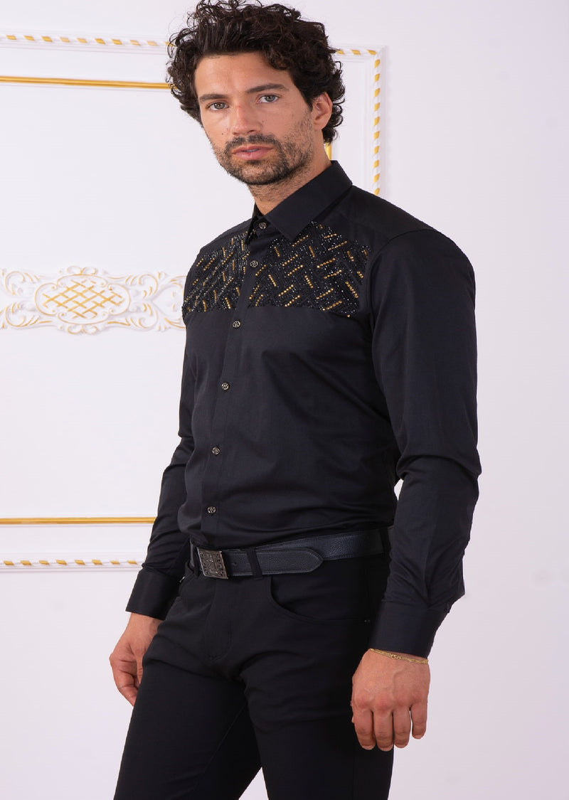 Black Gold "Upper Panel" Rhinestone Shirt