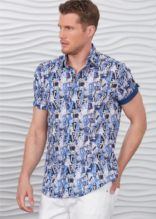 Blue Alphabet Print Short Sleeve Shirt