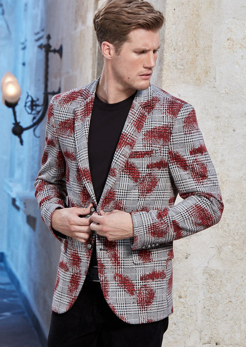 Burgundy Plaid Splash Knit Blazer