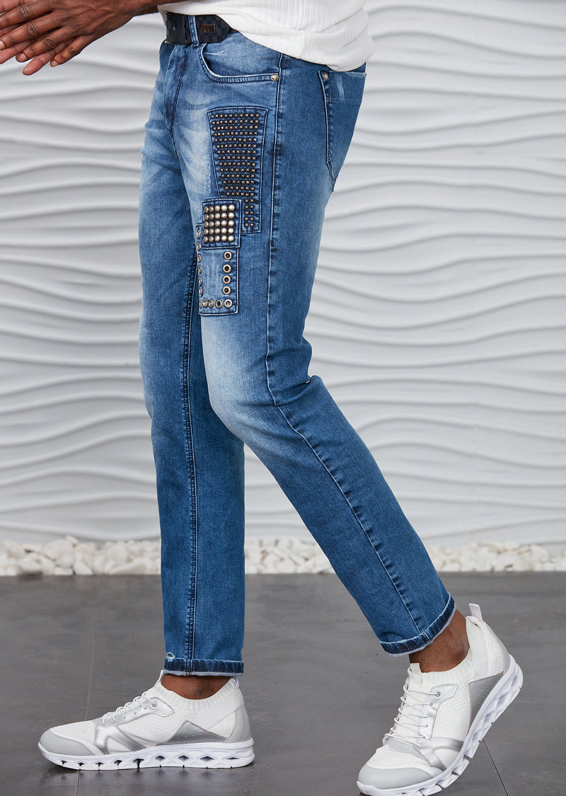 Blue Washed Studded Luxe Jeans