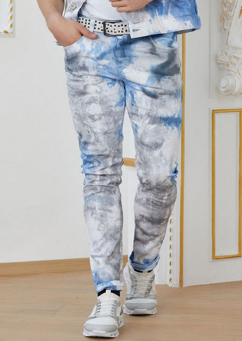 White Blue Cloud Tie-Dye Jeans