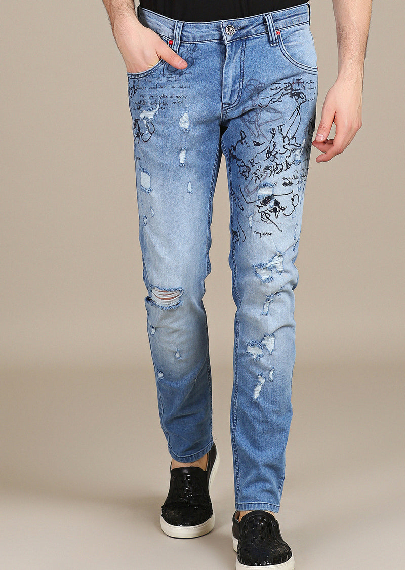 Salie In hoeveelheid adverteren Light Blue Paint Lettering Slim Fit Jeans – MONDO Menswear