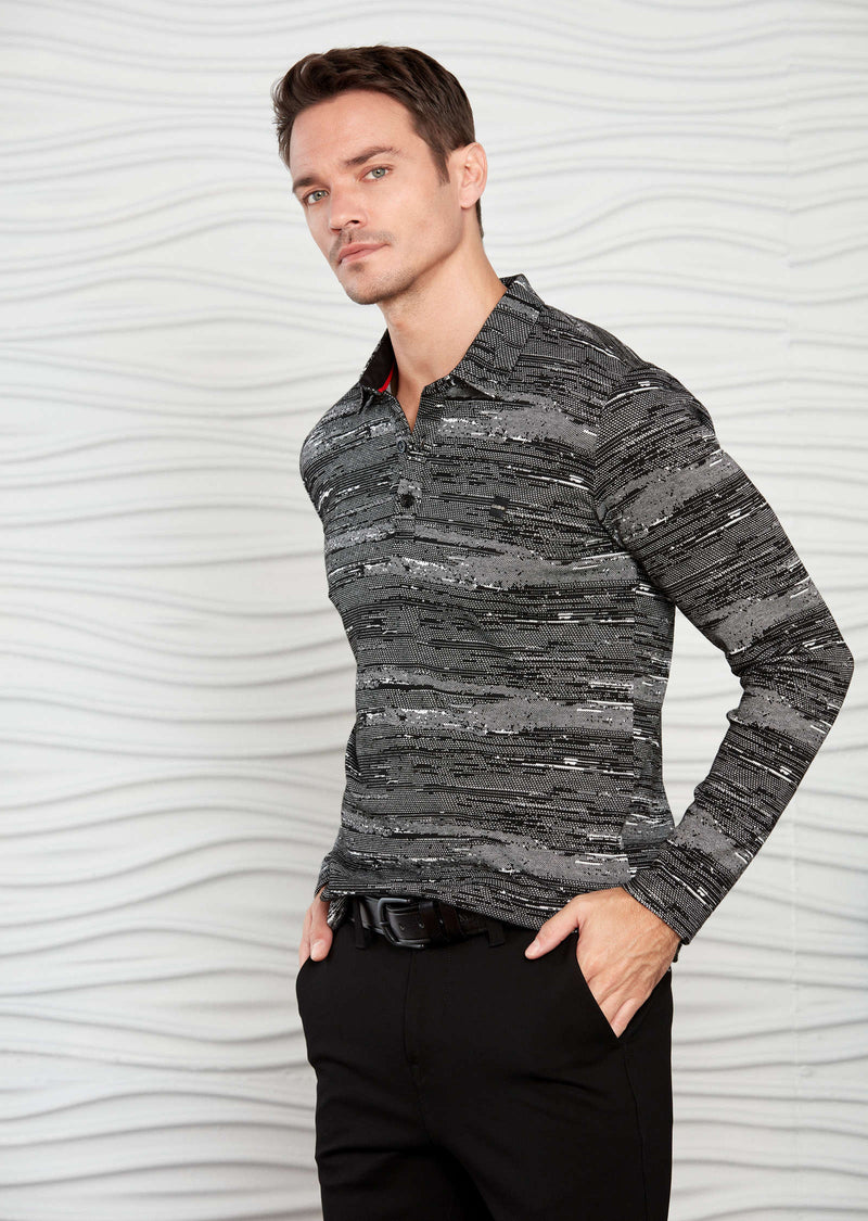 Gray Marled Knit Long Sleeve Polo