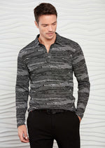 Gray Marled Knit Long Sleeve Polo