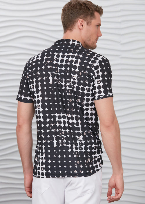 Black White Polkadot Print Polo