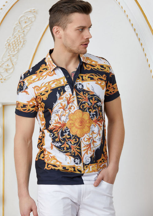 Black Gold "Baroque" Print Polo