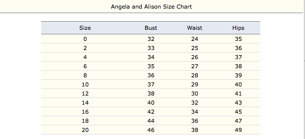 Angela and Alison Size chart – 7th Avenue Fashions