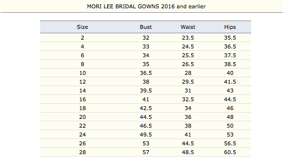 Bridal Size Chart