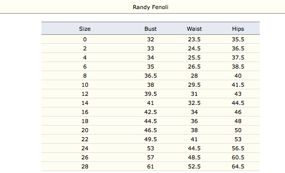 Randy Fenoli Size chart – 7th Avenue Fashions