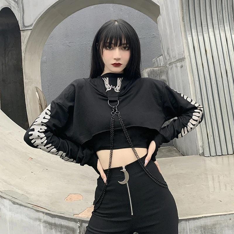 Reflective Cropped Chained Hoodie | Goth Hoodies - Gothic Babe Co