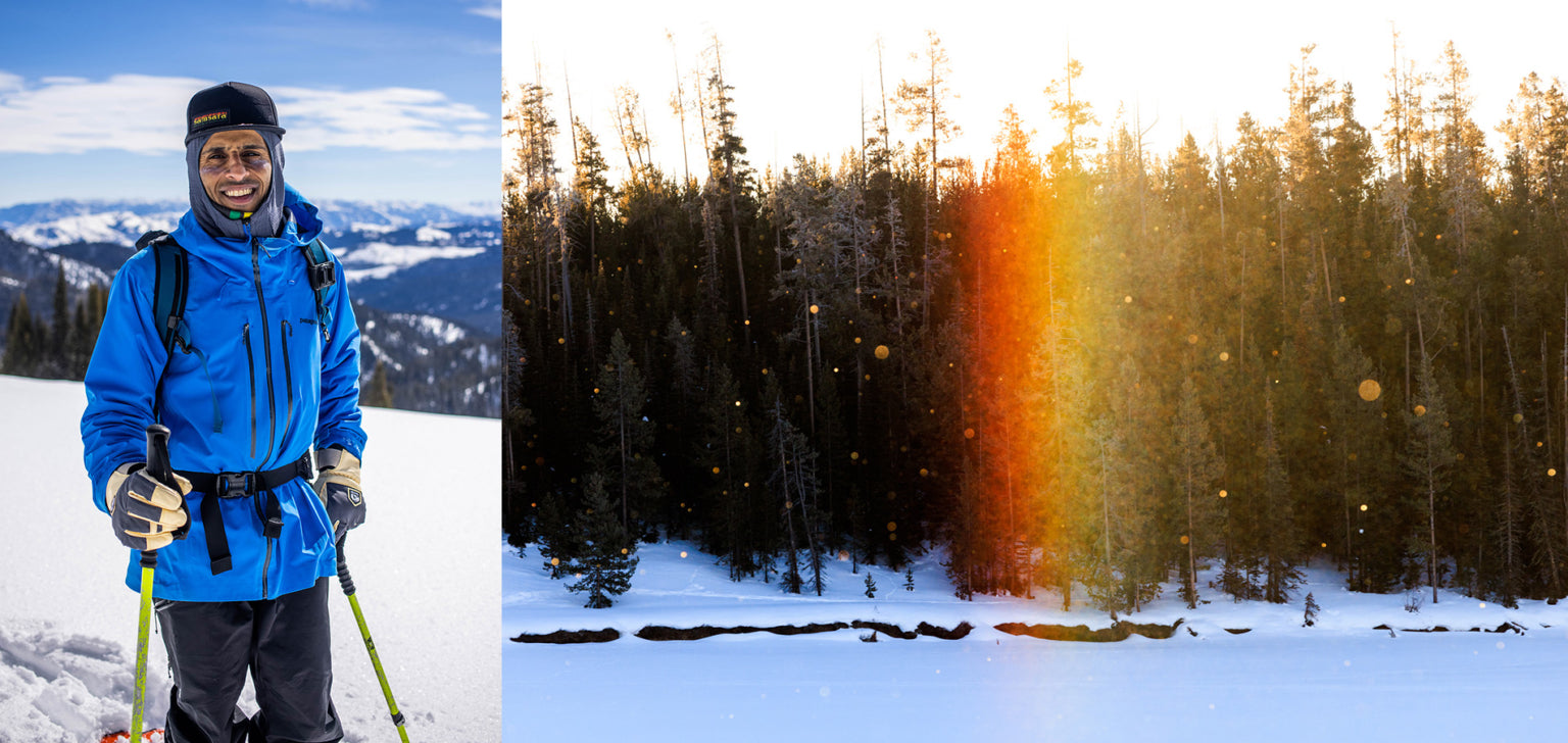 Billimoria’s grin is almost as bright as this rainbow that appeared on an early morning ski across Jackson Lake in Grand Teton National Park.