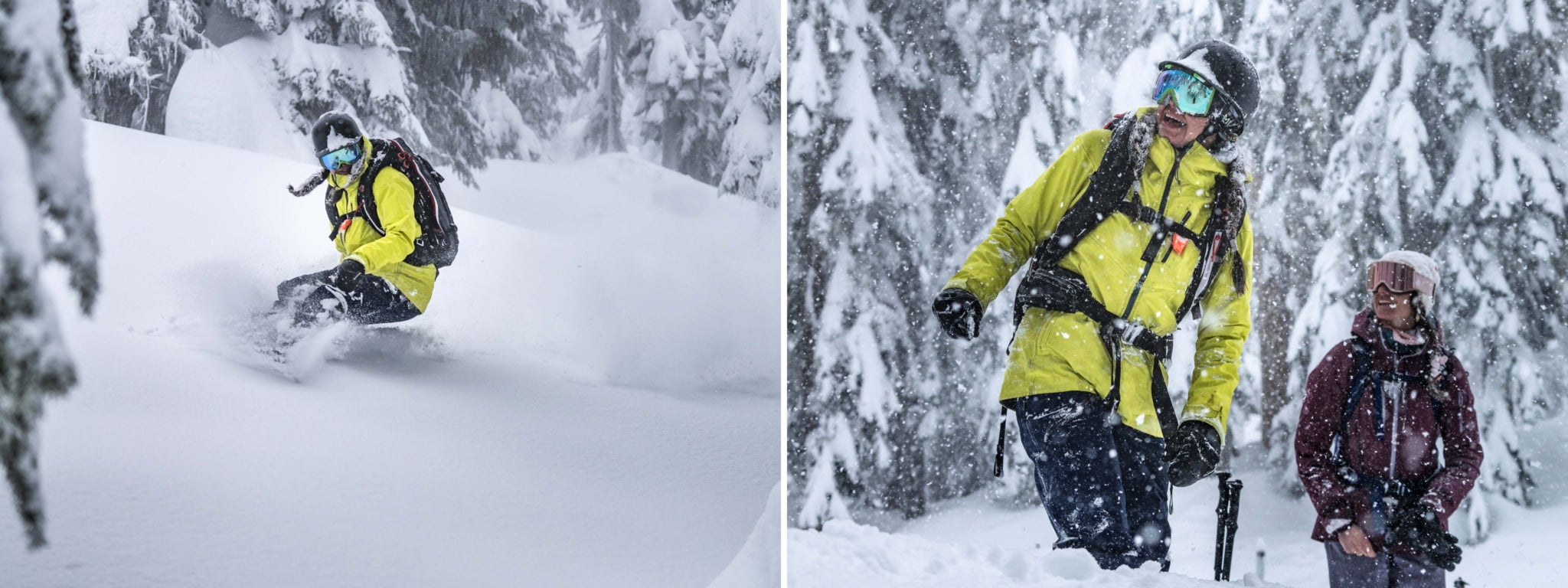 Left: Sandy enjoys deep powder on the shared territory of the Sḵwx̱wú7mesh and Líl̓wat peoples.  Right: Sandy shares a moment of stoke with Leah as they look back at their fresh tracks.