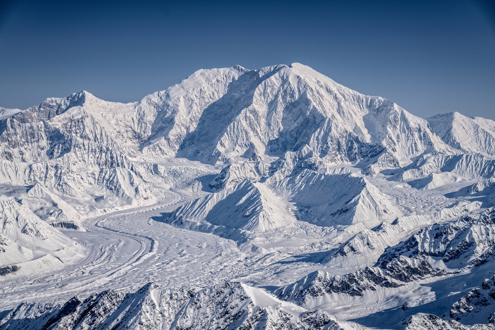 Mount Foraker, or Sultana, the second-highest peak in the Alaska Range, as seen from the plane. Photo: Drew Smith