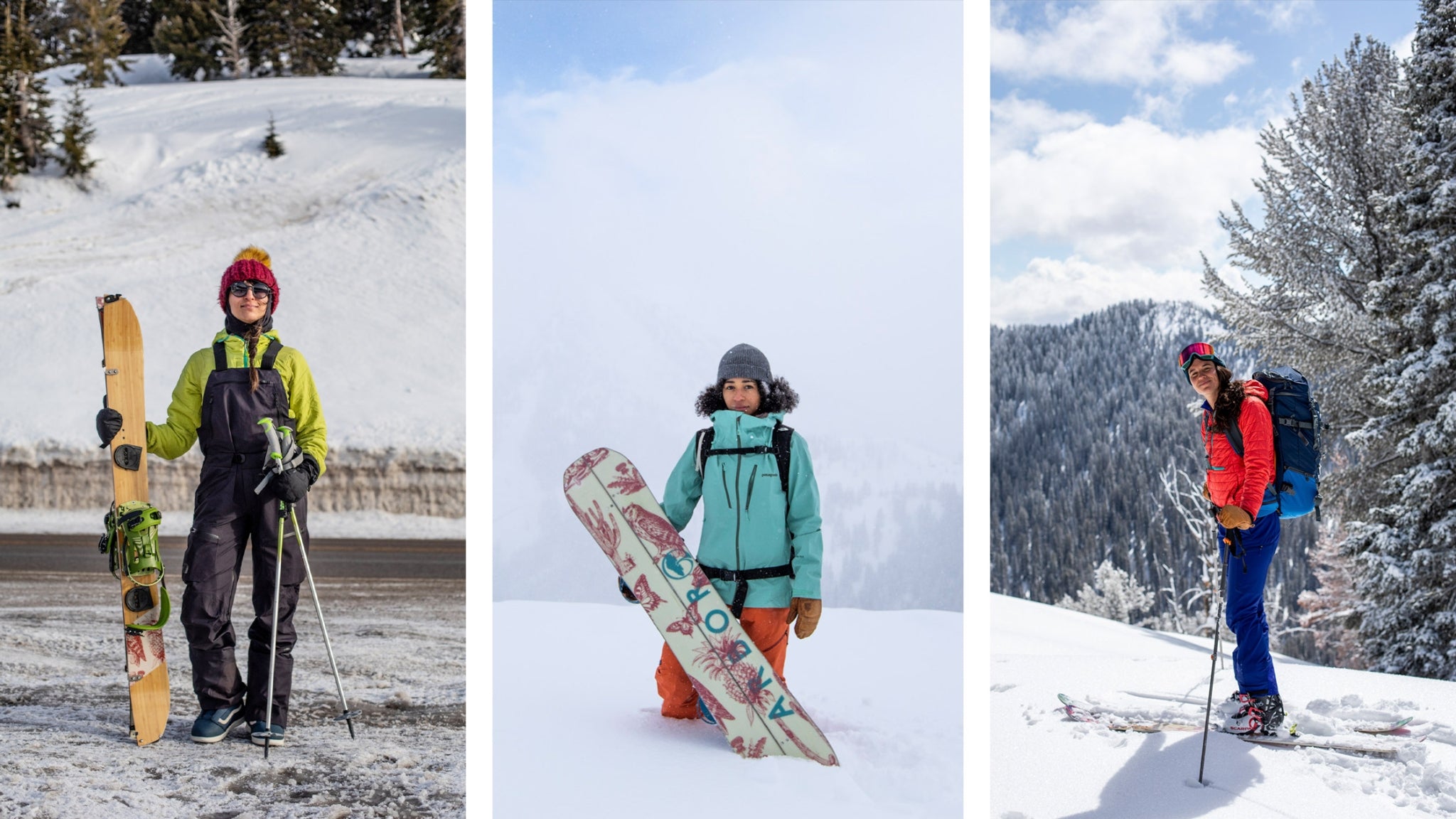 Sheena Dhamsania (left), Emilé Zynobia (middle) and Sofia Jaramillo (right) in their element. The three friends came together recently to support each other’s backcountry pursuits. Jackson, Wyoming. Photos: Sofia Jaramillo and Sheena Dhamsania