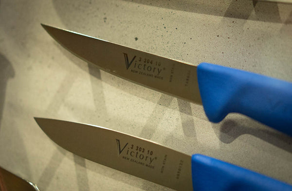 Blue handle hunting skinning knife