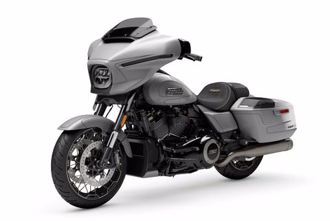 2023 CVO Street Glide features a redesigned front fairing with new LED lighting as a design element; fenders and redesigned tank and saddlebags follow more cohesive design flow. This is the standard Dark Platinum with Bright Smoked Satin pinstriping color.