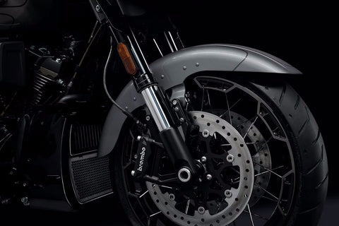 New inverted Showa fork adds 50 percent more travel than on previous CVO model; beefier brake discs with four-pot calipers also appear up front.Harley-Davidson