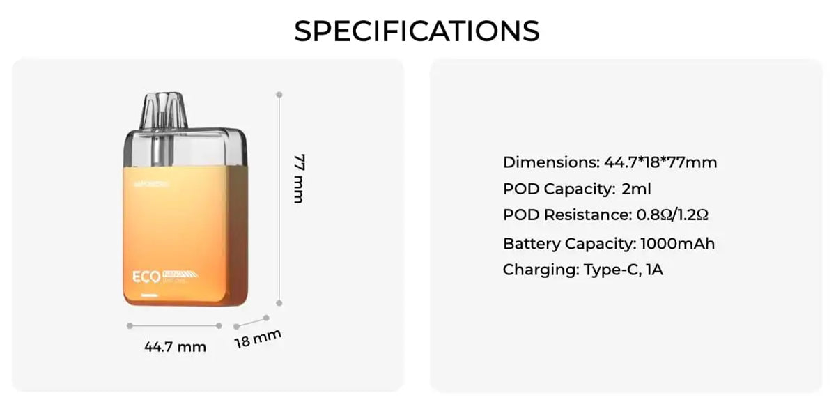 Eco Nano pod kit by Vaporesso specifications