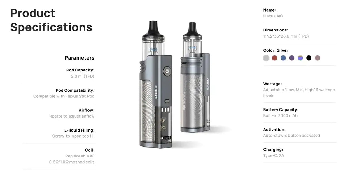 Flexus AIO pod kit by aspire specifications