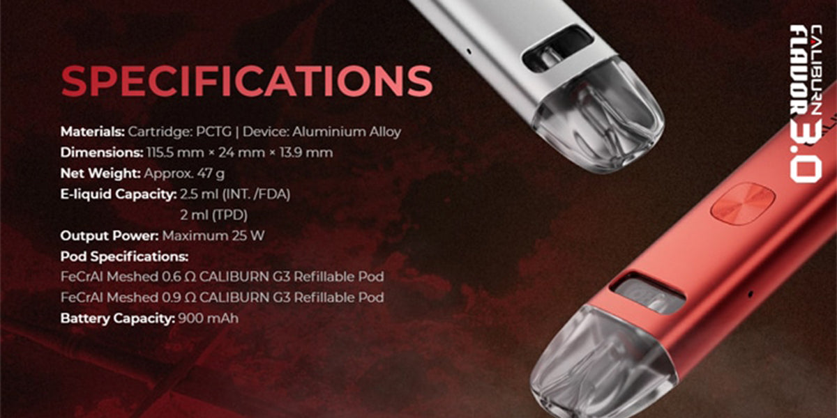 Caliburn g3 pod vape kit specifications