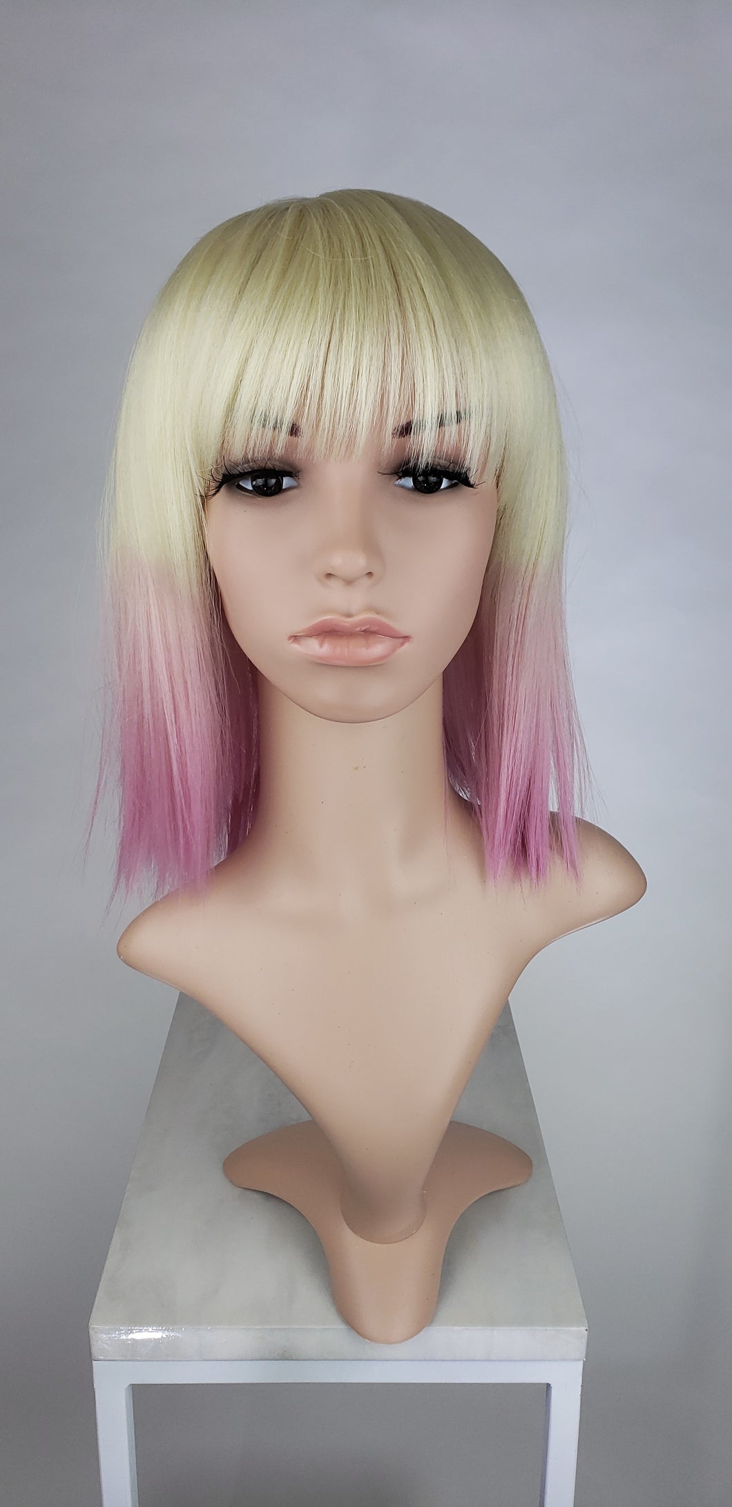 Blonde With Pink Tips Medium Length Straight Bob With Bangs