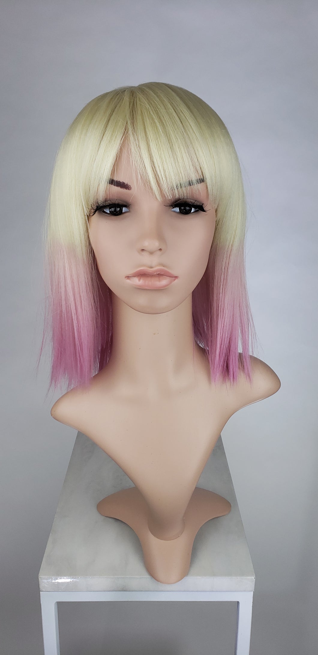 Blonde With Pink Tips Medium Length Straight Bob With Bangs