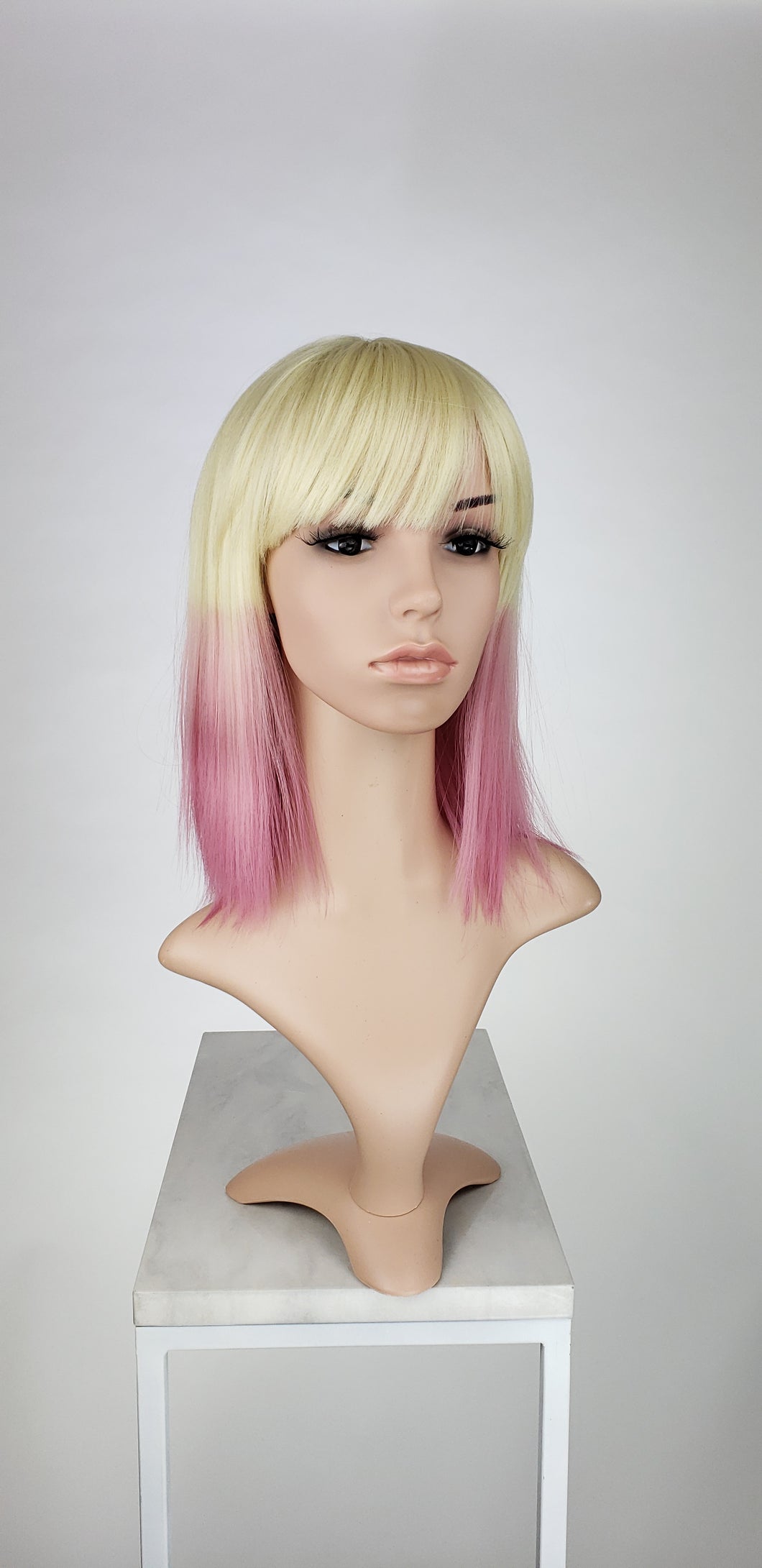 Blonde With Pink Tips Medium Length Straight Bob With Bangs