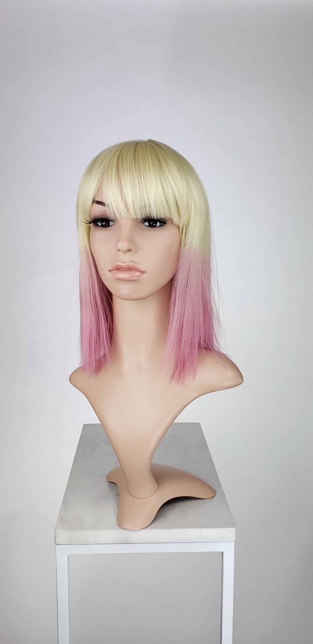 Blonde With Pink Tips Medium Length Straight Bob With Bangs