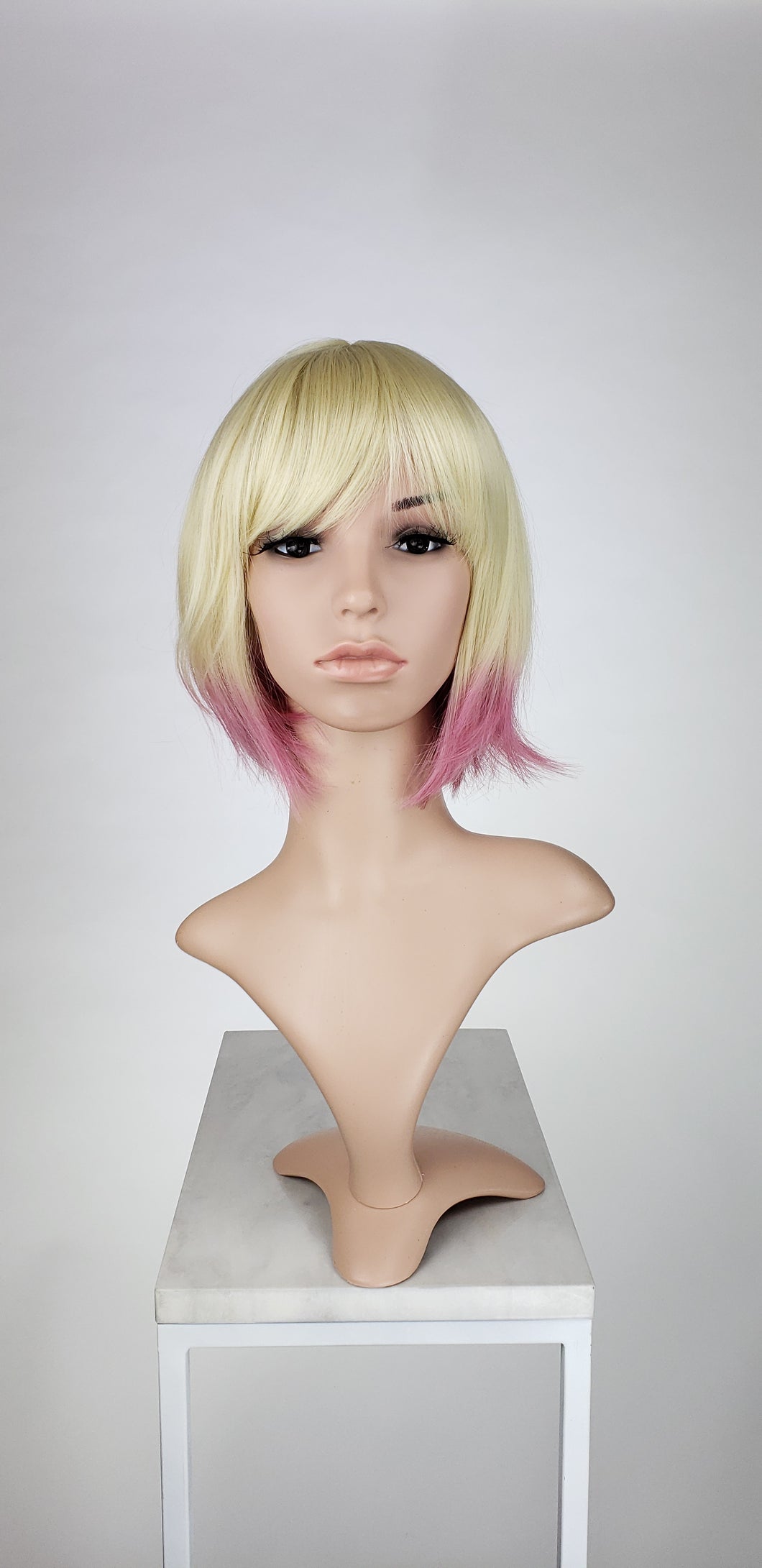 Blonde With Pink Tips Short Straight Bob With Bangs Fashion Wig