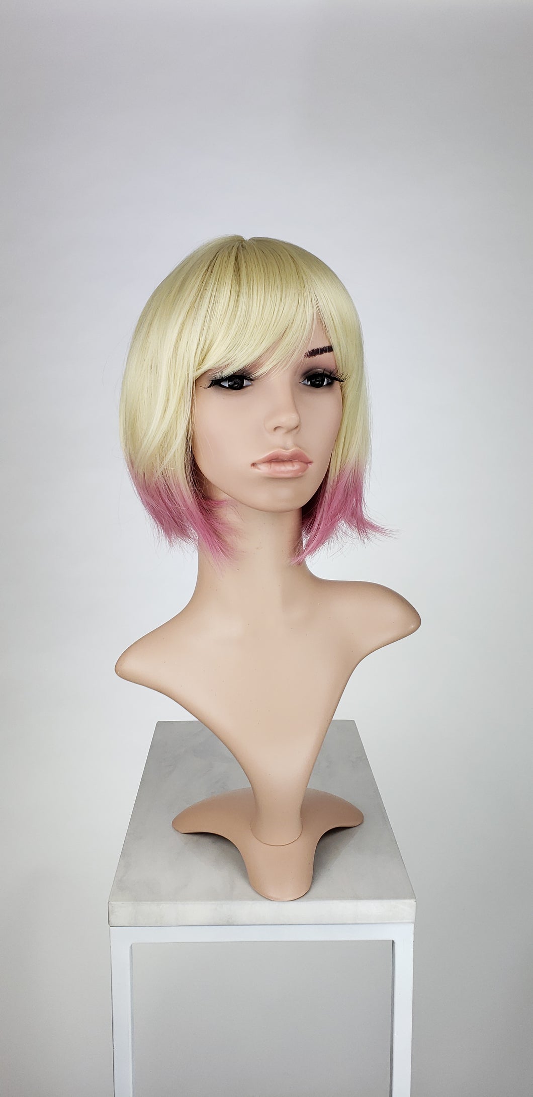 Blonde With Pink Tips Short Straight Bob With Bangs Fashion Wig