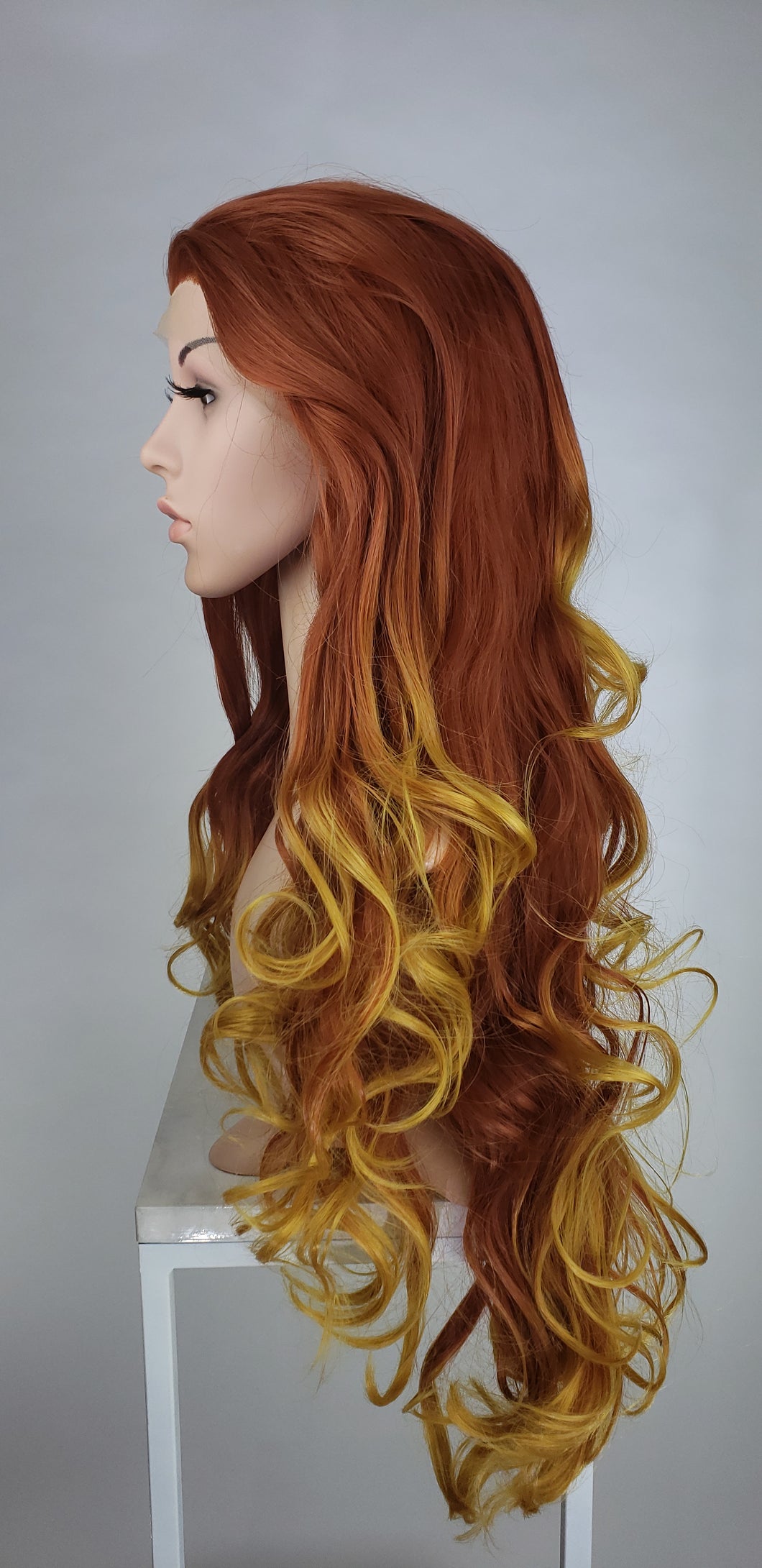 Red And Golden Blonde Ombre Long Curly Lace Front Wig Princess