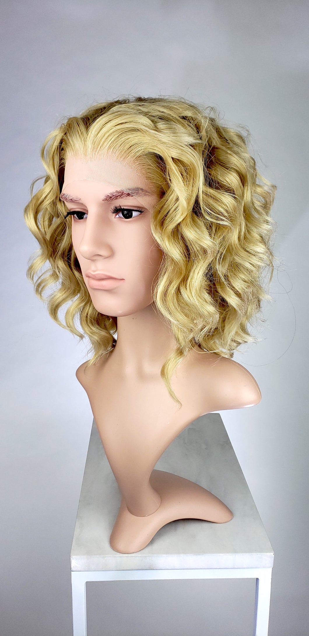 Mens Blonde Mix Medium Length Curly Lace Front Wig Lpfae122