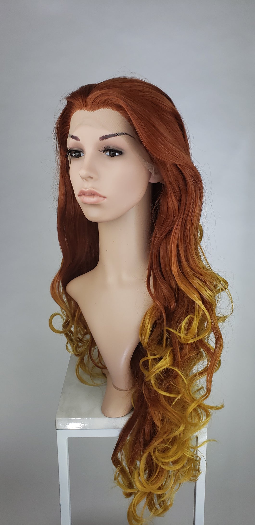 Red And Golden Blonde Ombre Long Curly Lace Front Wig Princess