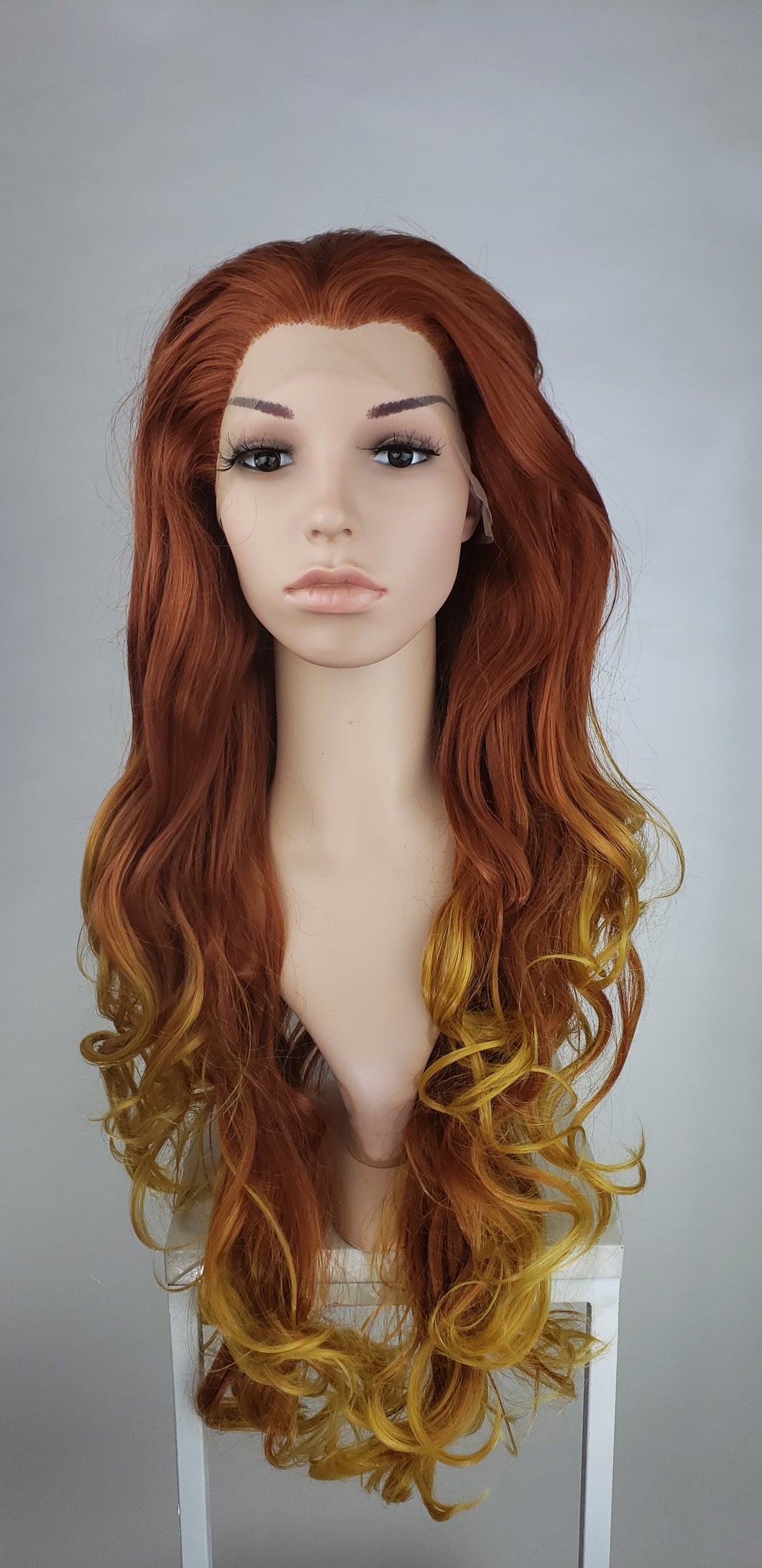 Red And Golden Blonde Ombre Long Curly Lace Front Wig Princess