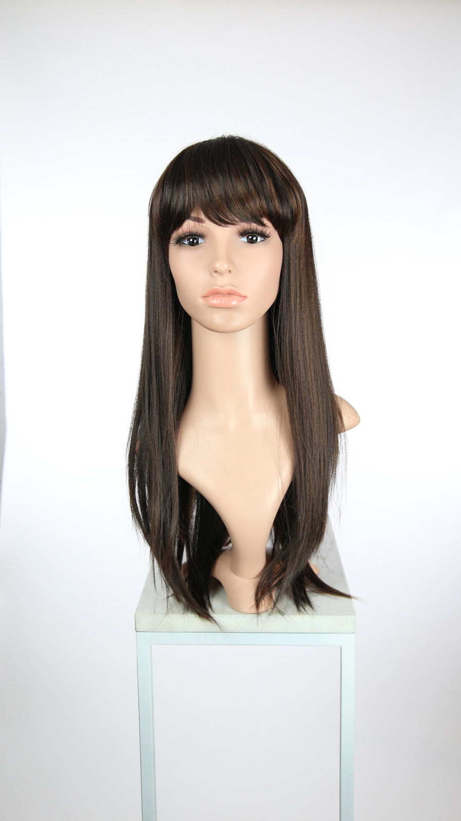 Dark Brown With Highlights Long Straight With Bangs Fashion