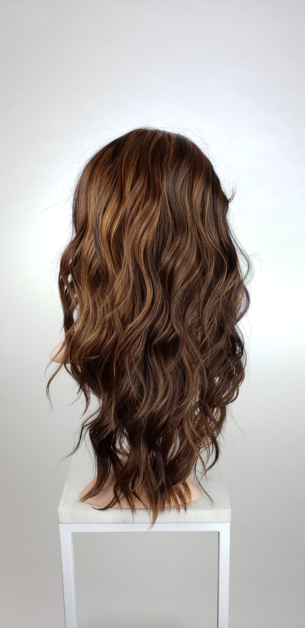 Dark Brown with Highlights Long Wavy  with Bangs Lace Front 
