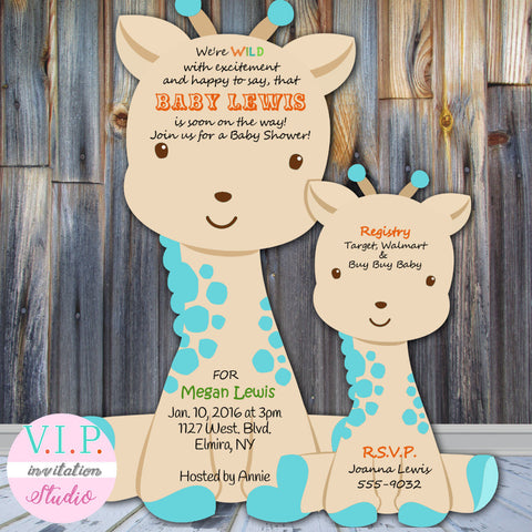 Giraffe Jungle Boy Girl Baby Shower Invitations Die Cut