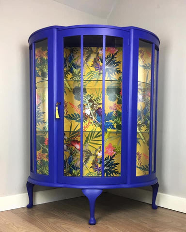 Blue Cocktail Cabinet with Bright Yellow Botanical Paper by From Loft to Loved