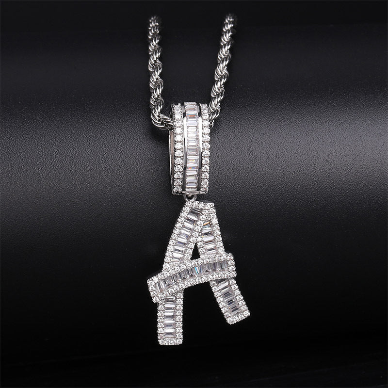 Custom A-Z baguette Letters Initial Charm pendant necklace free chain ...