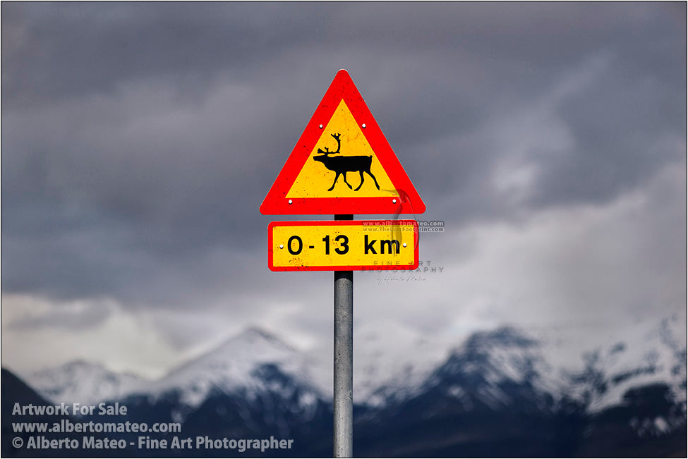 Wildlife warning plate and mountain range, Iceland. (Alberto Mateo)