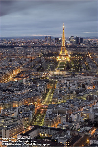 Eiffel Tower by night, aerial view of Paris. · Art by Alberto Mateo ...