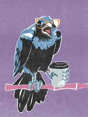 A drawing of a stylized crow on a perch against a purple background. The crow is black with blue highlights in their feathers, glasses, and a cup of coffee in one claw.