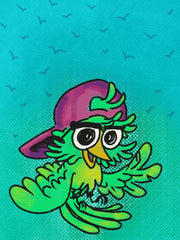 A stylized drawing of a bird against a teal and blue background with bird sillouettes in teh background. The bird in the foreground is green, wearing a backwards maroon baseball cap with a friendly expression.