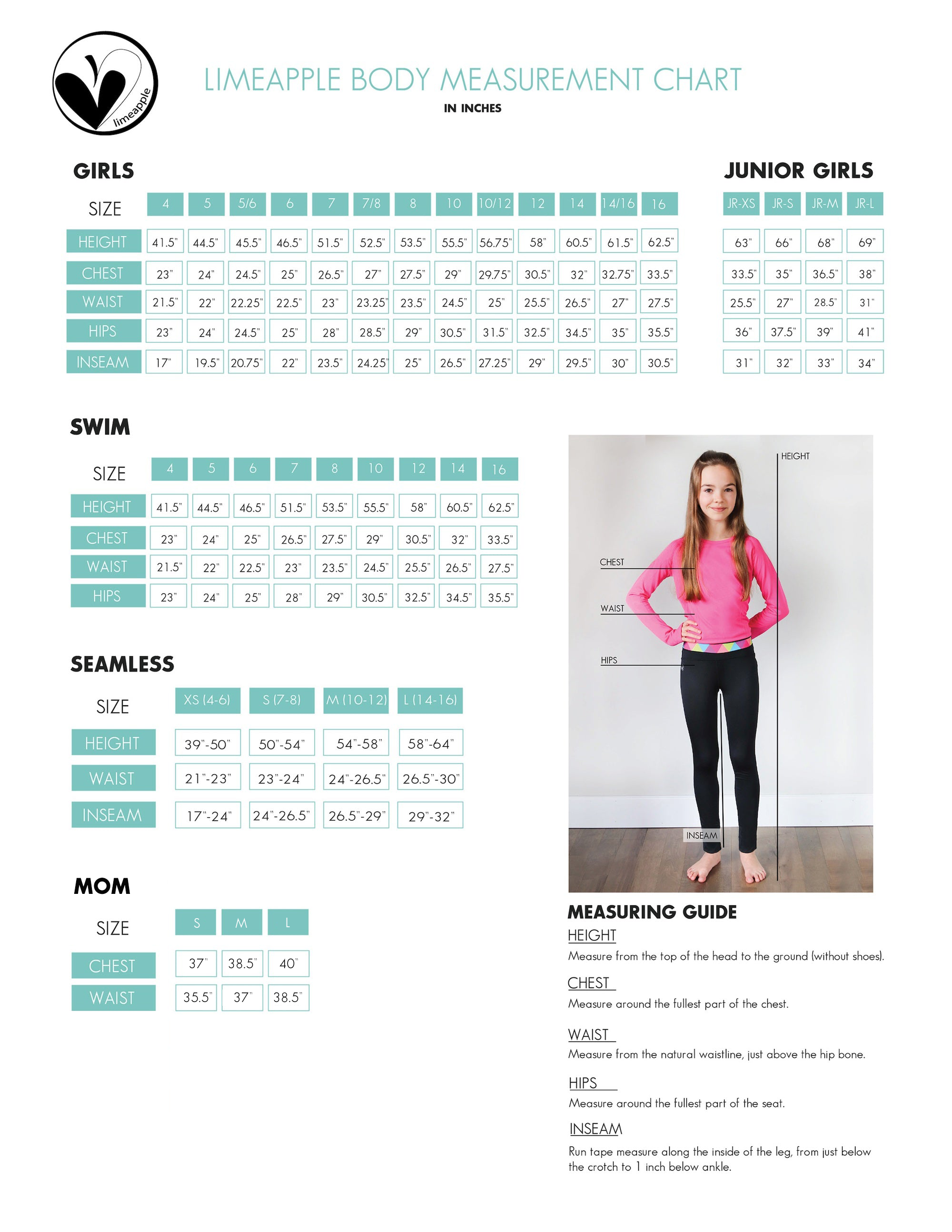 Limeapple Size Chart | Girls Lifestyle Apparel & Activewear