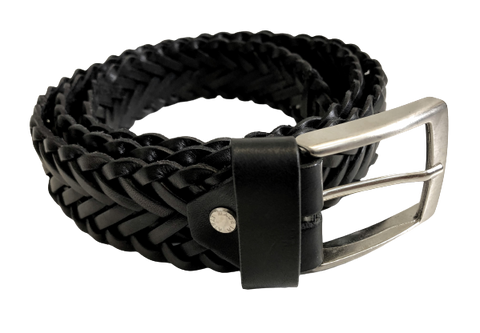 Black leather woven belt rolled