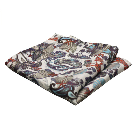 Silk printed pocket square white sealife