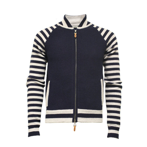 Blue Striped Sleeves Cashmere Bomber Jacket